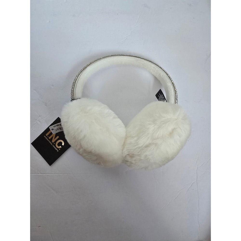 INC International Concepts White Faux Fur Rhinestone Headband Earmuffs NWT